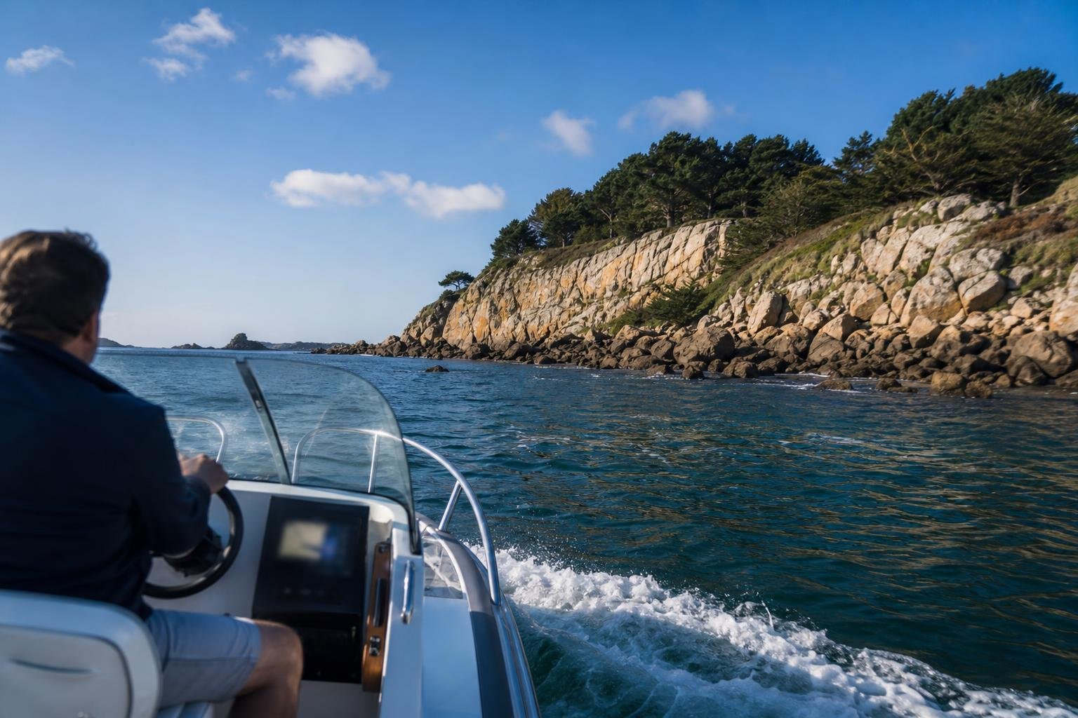 Un petit bateau à moteur longeant une côte atlantique rocheuse par beau temps