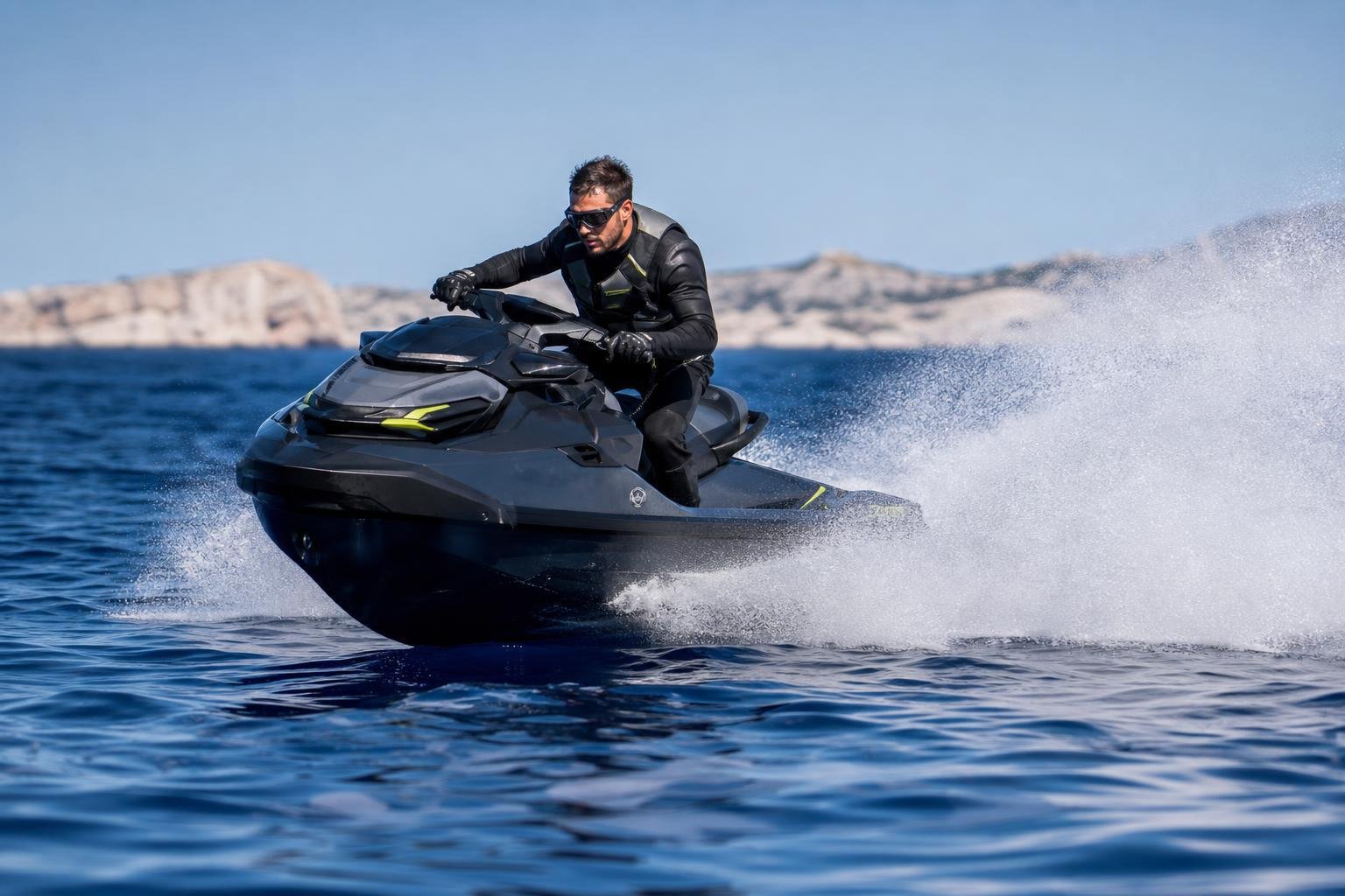 Un pilote en combinaison lance son jet-ski sur une mer d'un bleu profond, gerbe d'eau à l'arrière