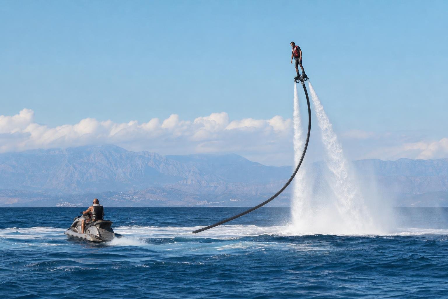 Un pratiquant de flyboard en vol au-dessus de la mer, relié par son tuyau au jet-ski resté à la surface