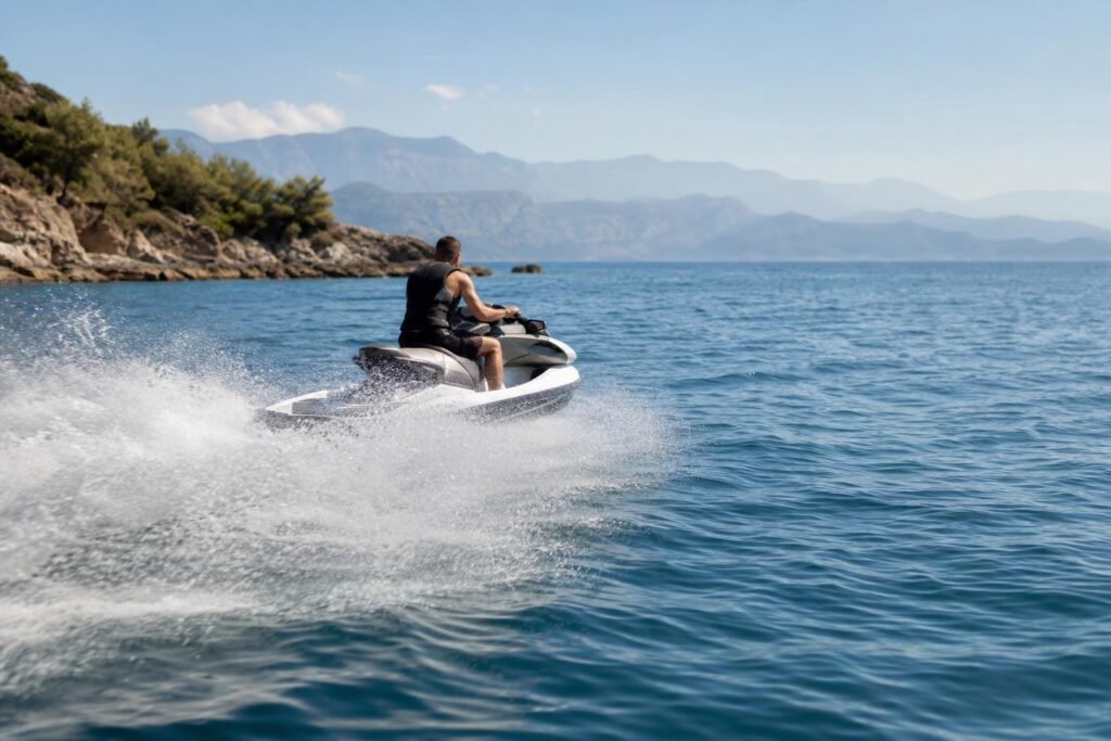 Un jet-ski file au large par temps clair, gerbe d'eau à l'arrière